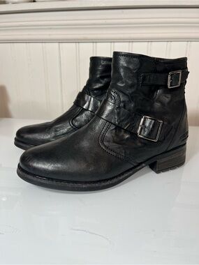 Josef Seibel Kate 21 Black Leather Double Buckle Zip Ankle Boots Moto Booties 39